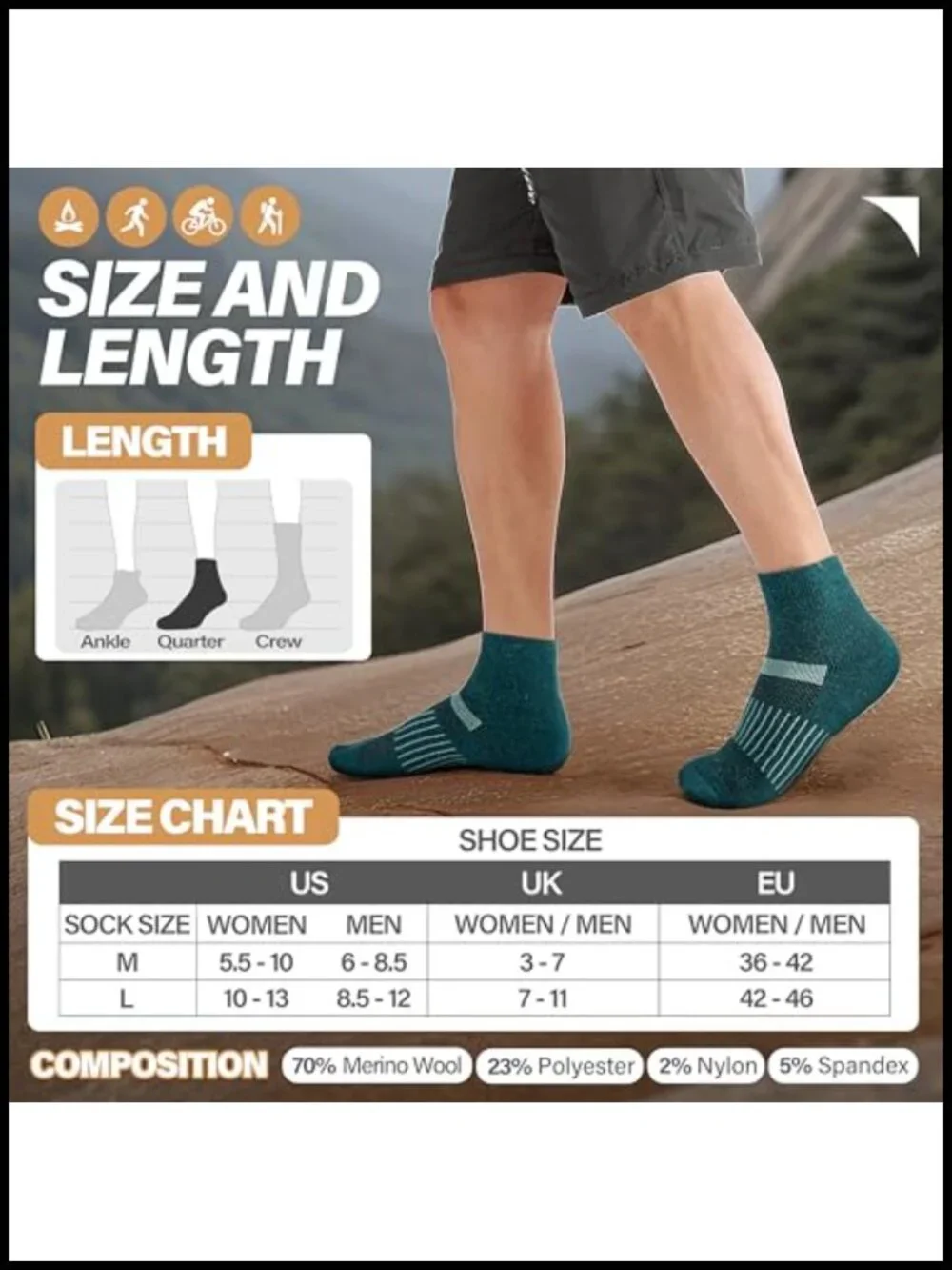Merino Wool Ankle Socks 6-Pack Moisture Wicking Cushioned Hiking Running